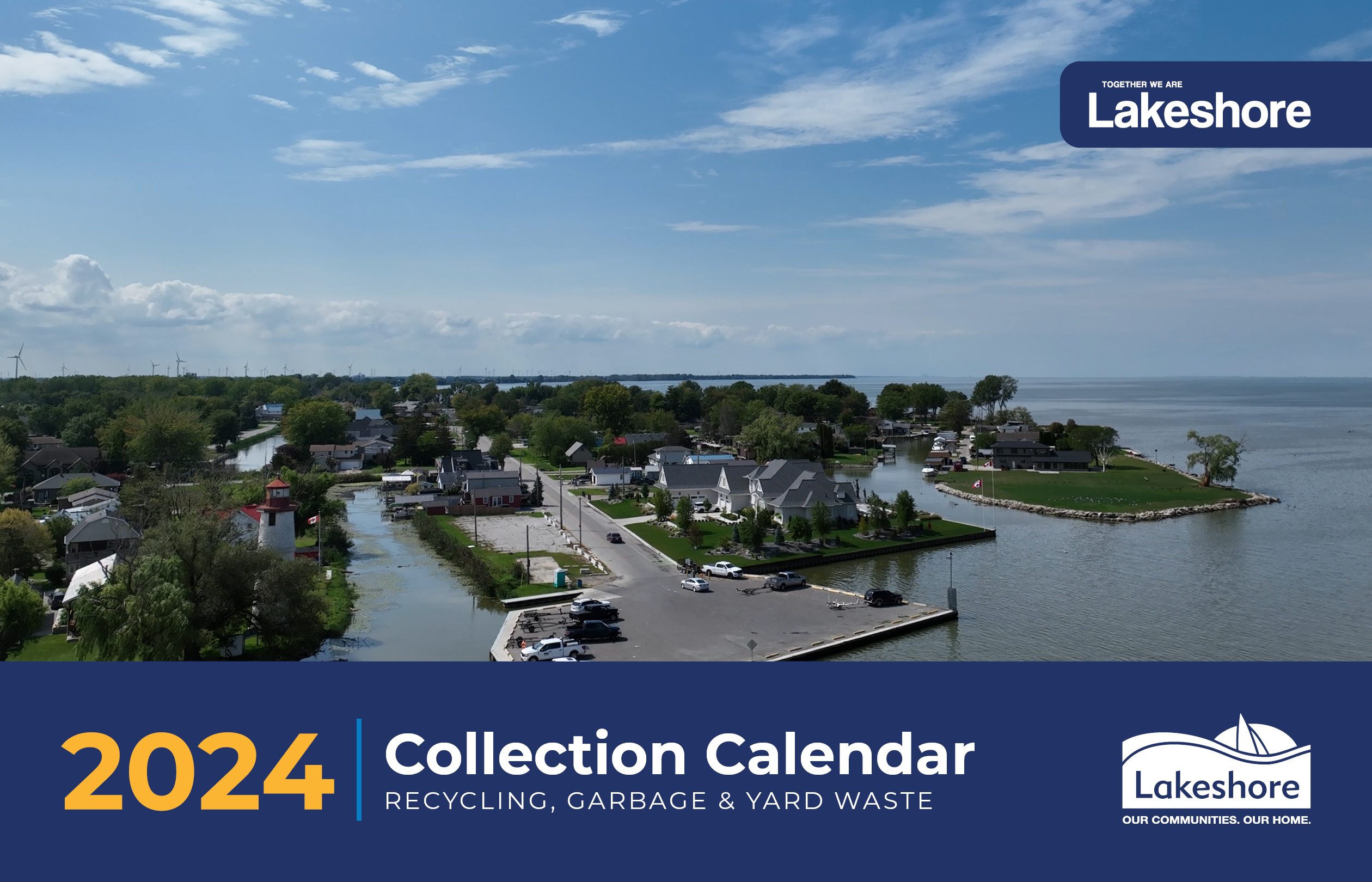 Lakeshore's 2024 Collection Calendar cover page featuring an aerial image of Lighthouse Cove.