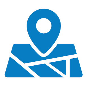Icon of a pointer on a map in medium blue.
