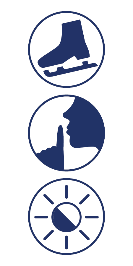 3 icons in a column. Each surrounded by a dark blue border. Icons are: an ice skate, person with finger to mouth, and a sun half filled with dark blue.