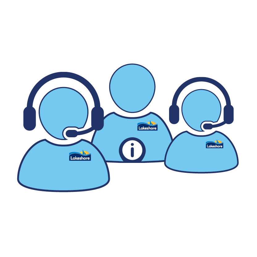 Line icons of three Lakeshore staff, two wearing headsets. All have Lakeshore logos on their chest.
