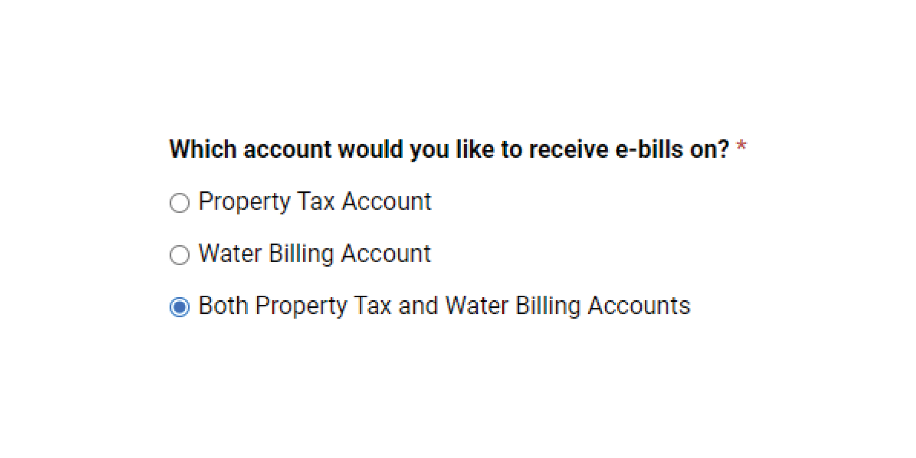 Screen capture of the fillable e-billing form showing which billing accounts are available. 