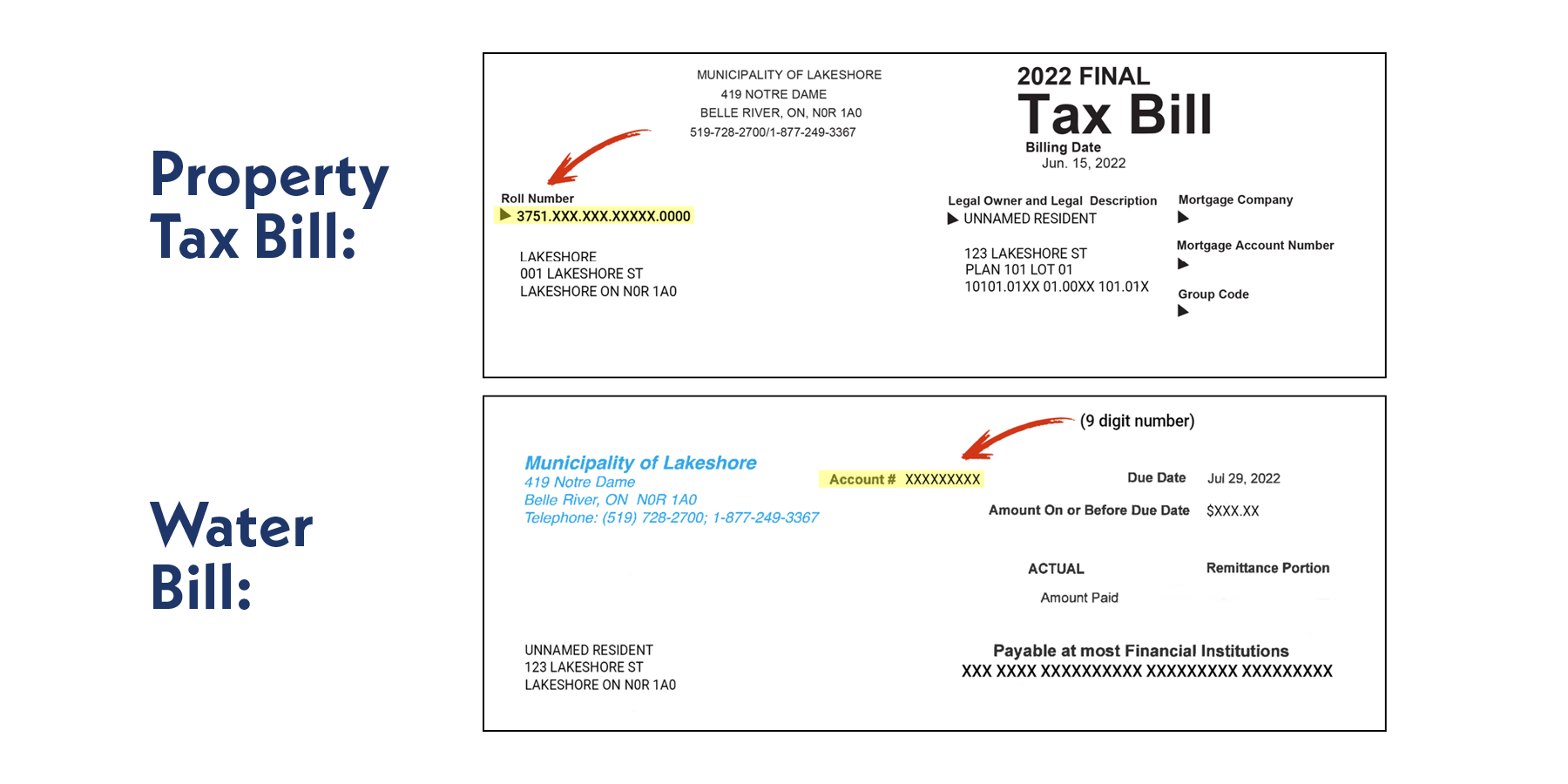 Screen capture of example property tax and water bill invoices.