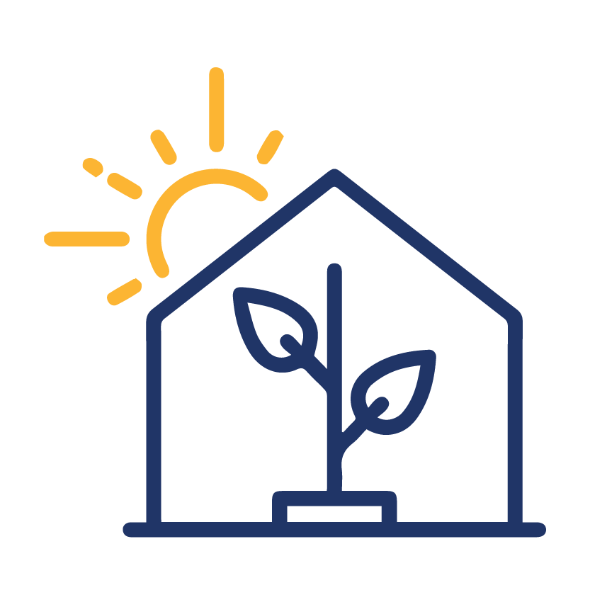 Line icon of a greenhouse with plant inside and sun rising above.