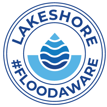 Lakeshore Flood Aware icon/badge. Dark blue font in circle orientation. Water drop icon with blue gradient.