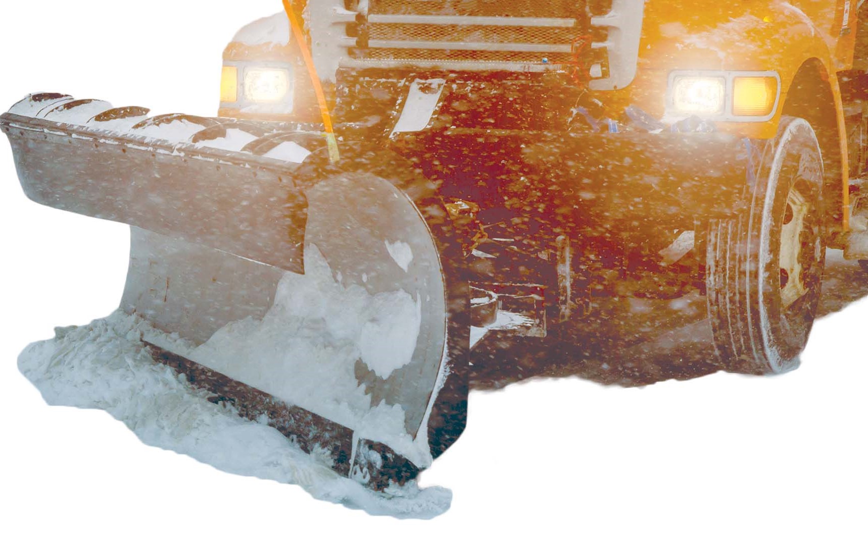 Cutout image of a snow plow moving snow with lights on.