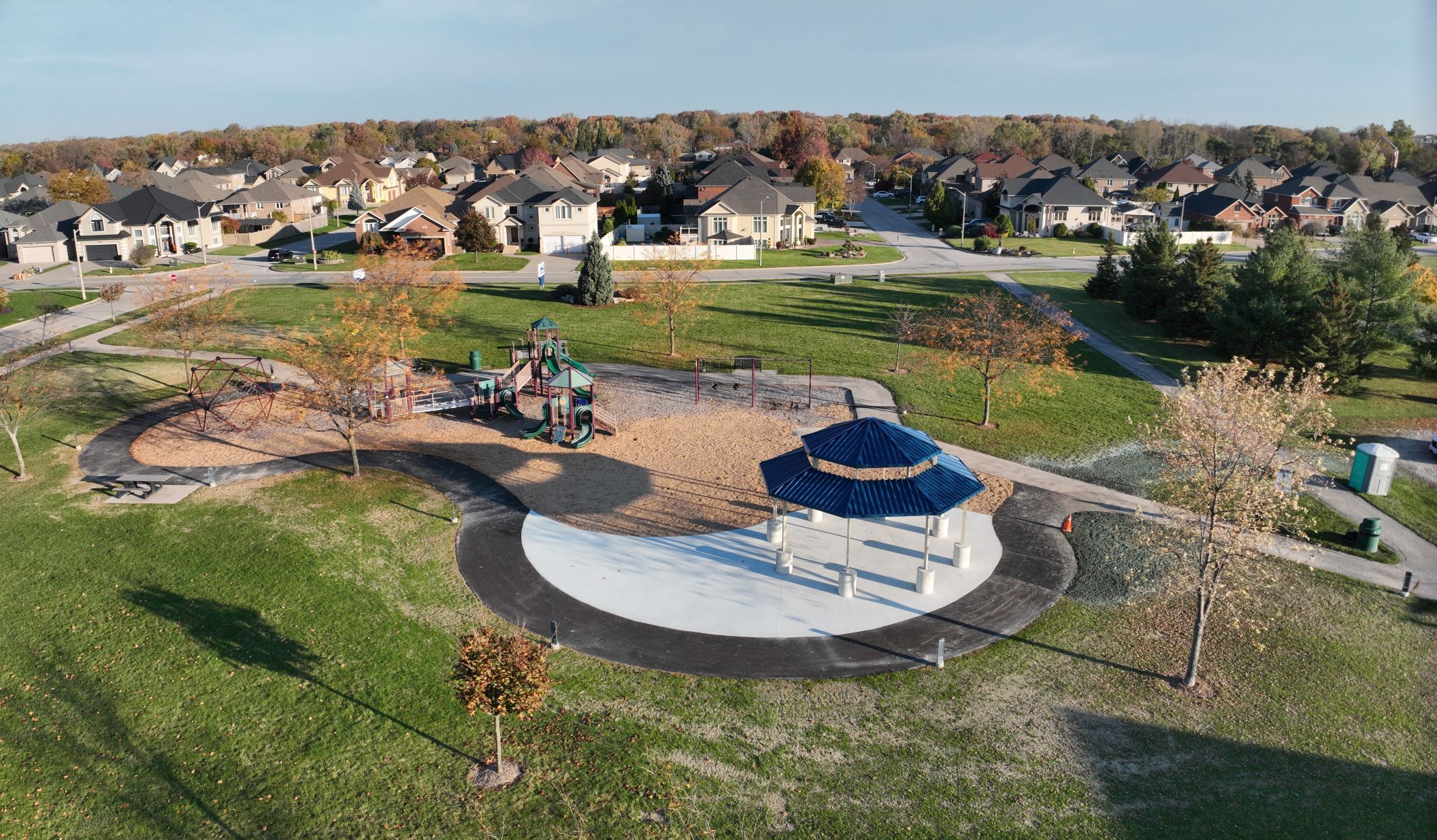 Aerial image of new pavilion and play structure at St. Clair Shores Park
