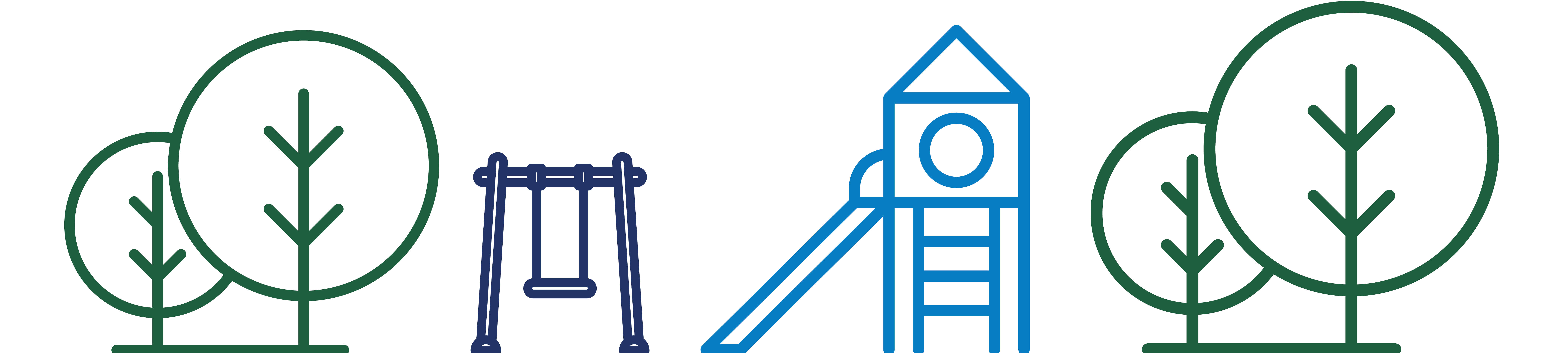 Line icons of trees, swing and playground equipment.