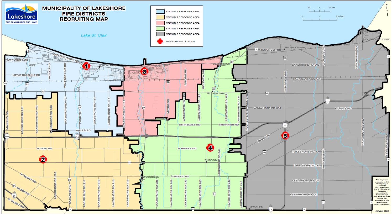A map of the Municipality of Lakeshore broken down into five segments. Each fire station is highlight on the map showing their response areas.