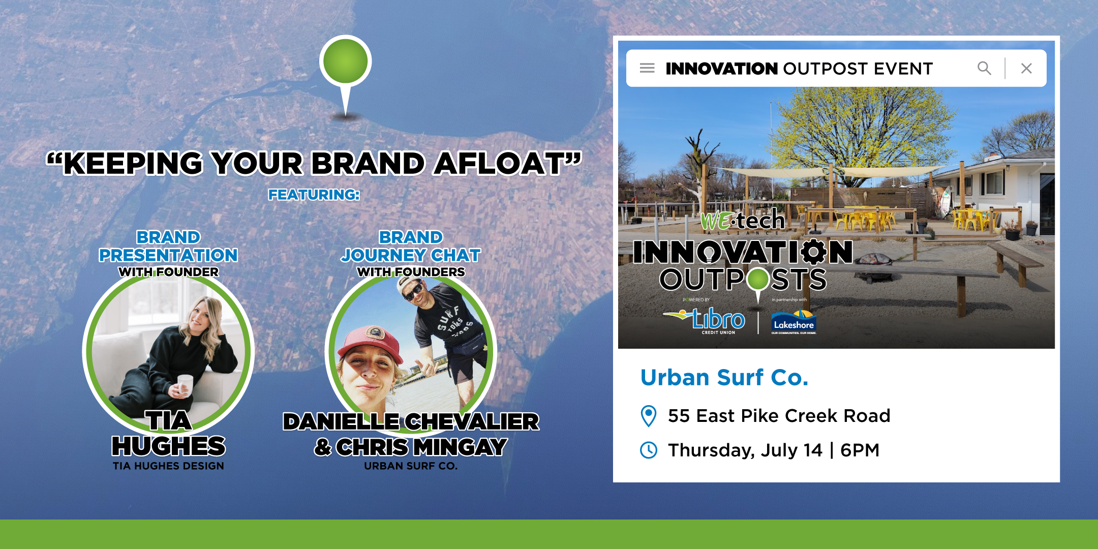 Innovation Outpost graphic with background image of Essex County. Graphic includes photos of presenters, as well as partner logos