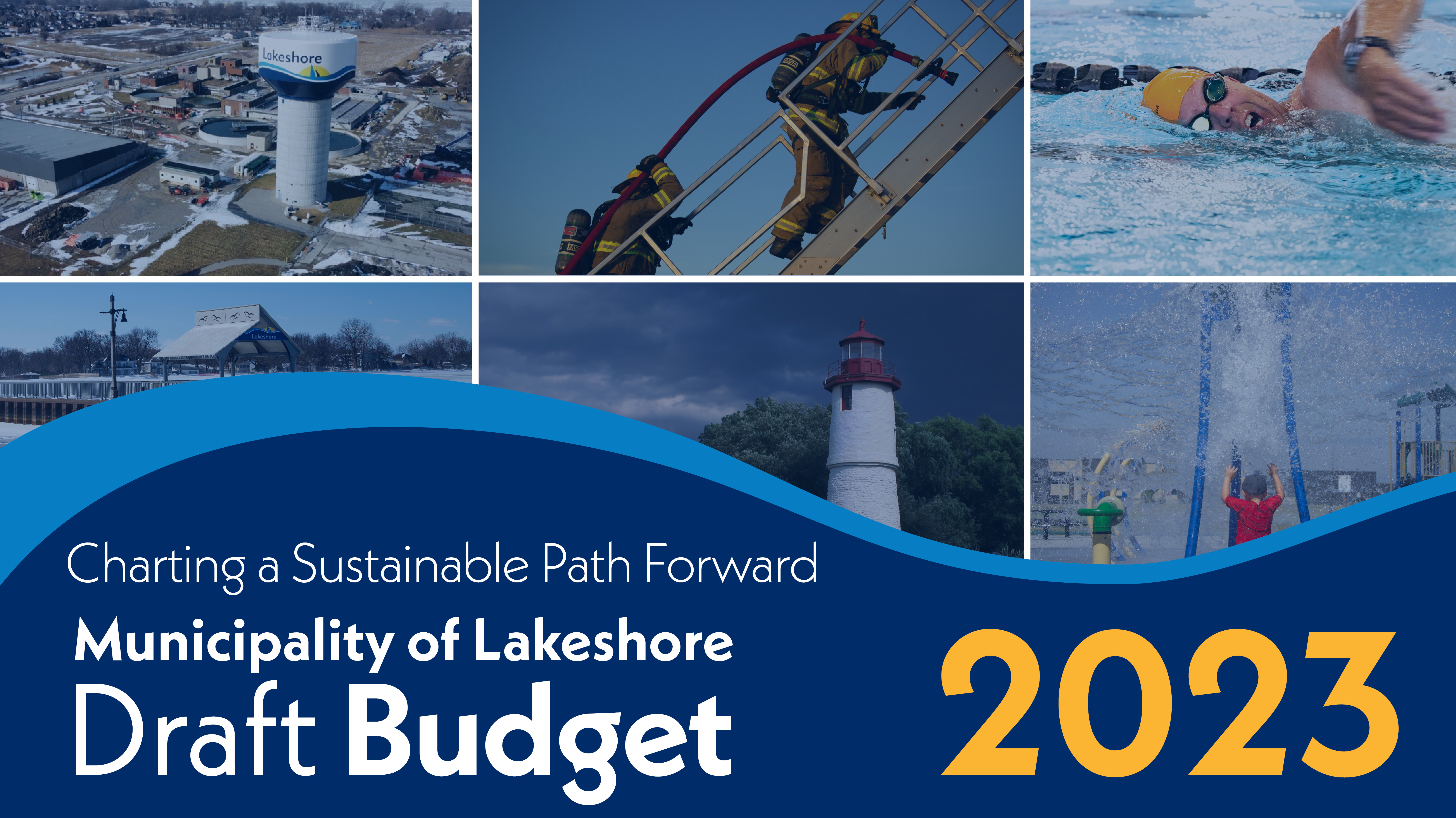 Cover image of Lakeshore's draft 2023 Budget. Includes the title, and a collage of six Lakeshore images.