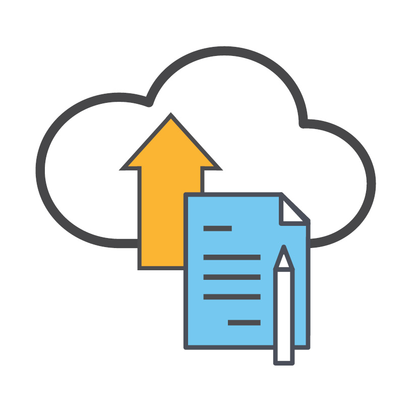 Icon of a document being uploaded with an arrow into a cloud.