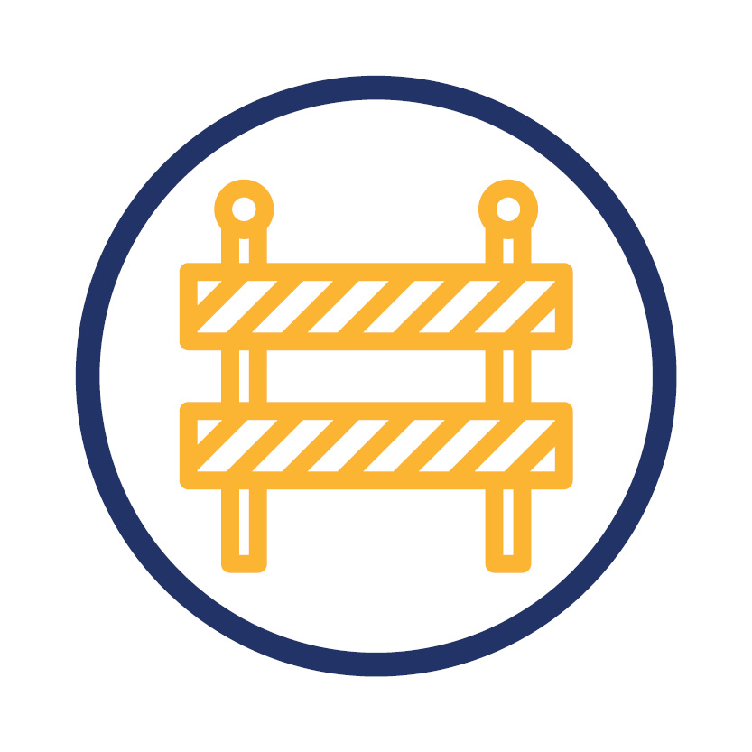 Icon of a road barrier circled in dark blue.