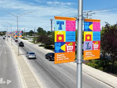 Drone shot of Lakeshore Tecumseh Commercial Districts Branded banners.