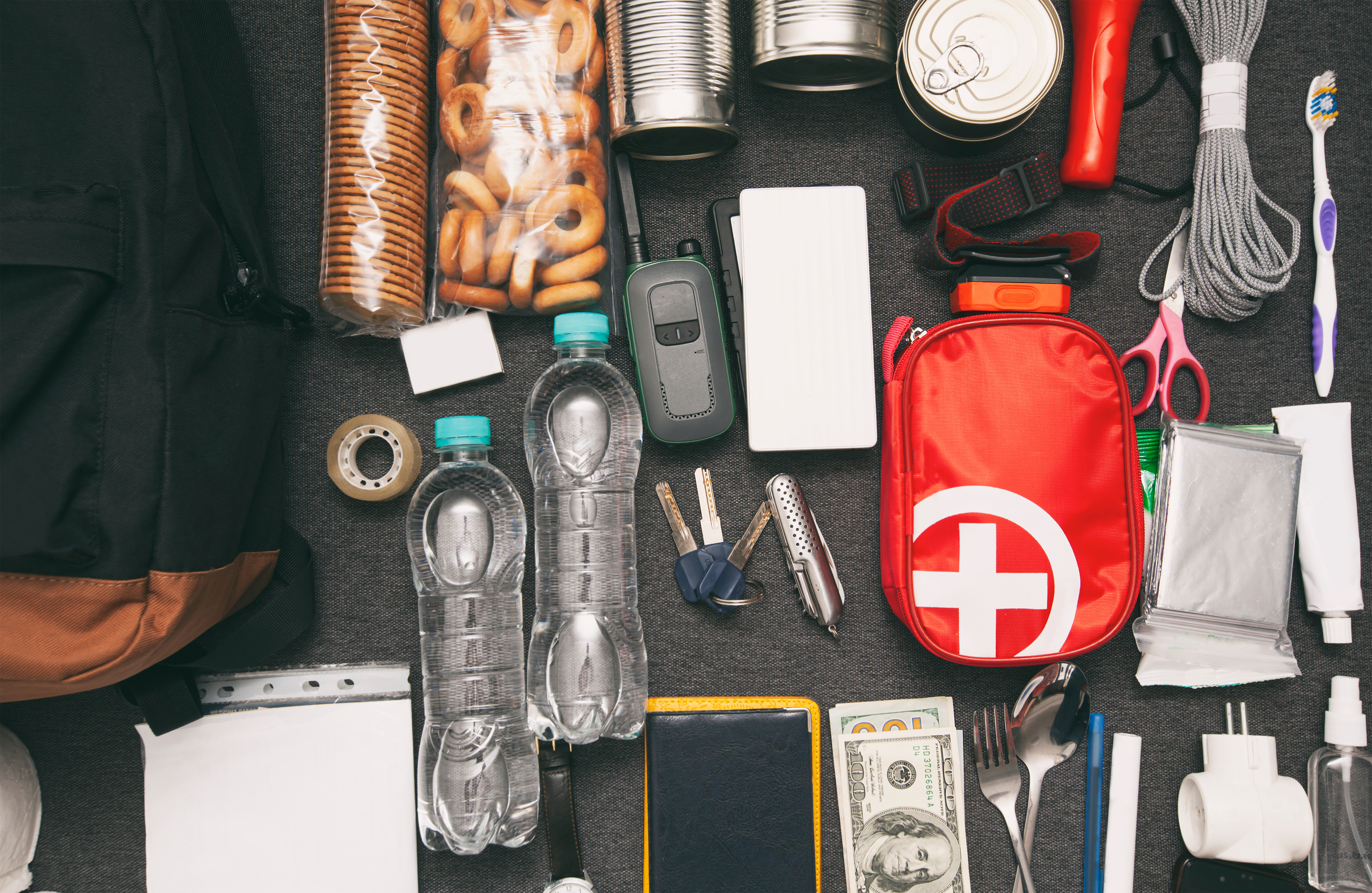 Contents of an emergency preparedness kit laid out.