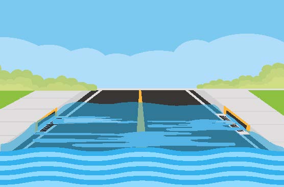 Street with water on the road draining into catchbasins