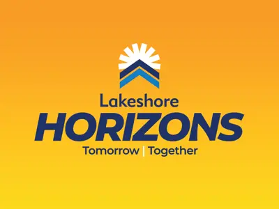 Lakeshore Horizons logo with tagline &quot;Tomorrow | Together&quot; and yellow/orange gradient as background.