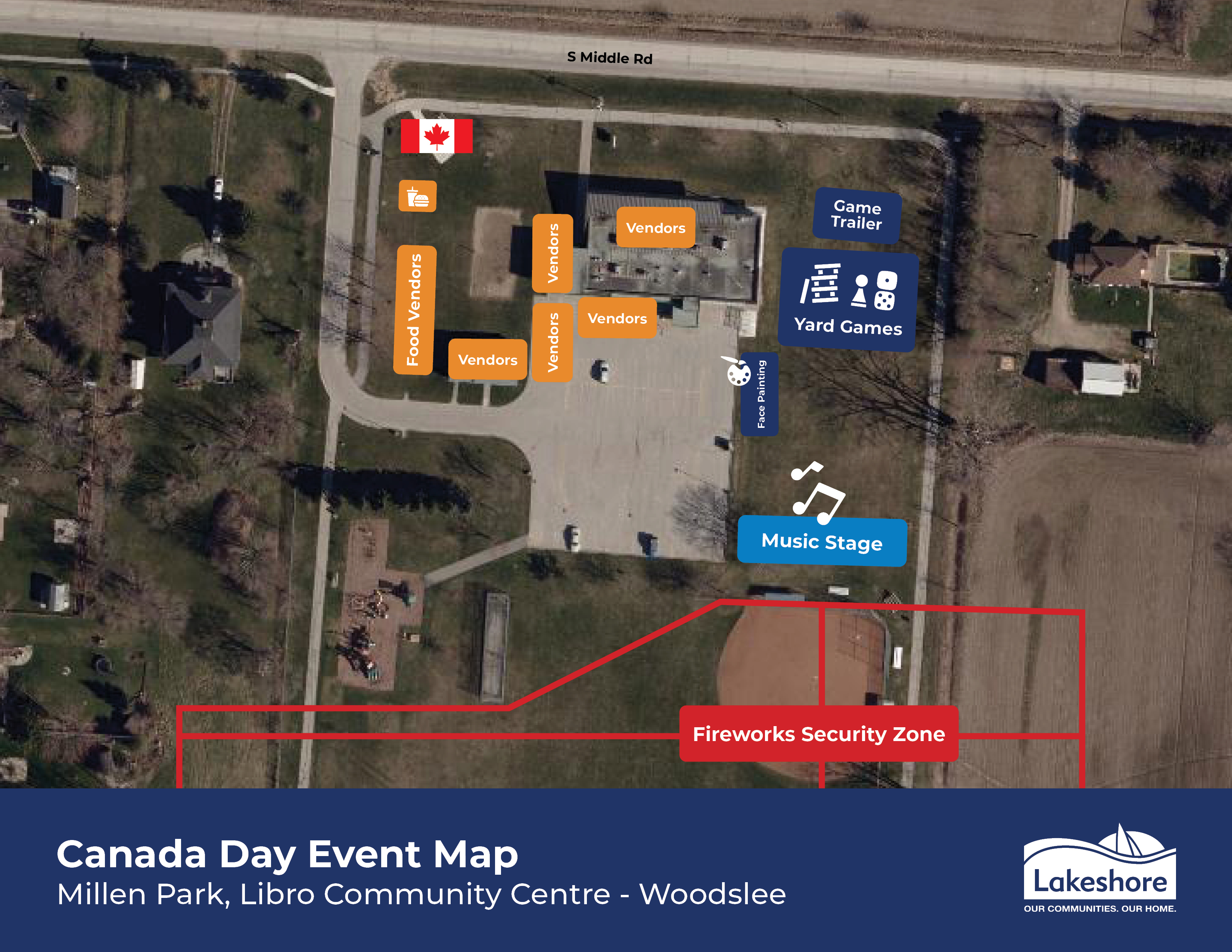 Lakeshore Canada Day Event Map, Millen Park, Libro Community Centre - Woodslee