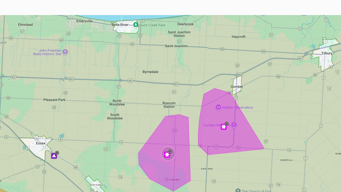 Map of Lakeshore showing the HydroOne outage area in Ruscom Station and in Comber.